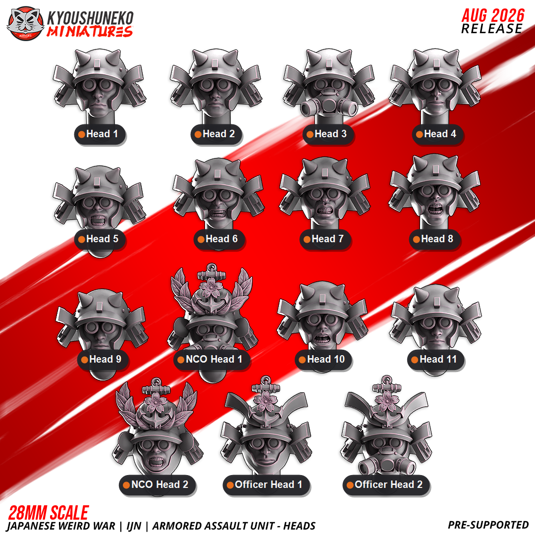 Labelled lineup naming all fifteen Japanese Weird War IJN dome-helmet head designs for selection