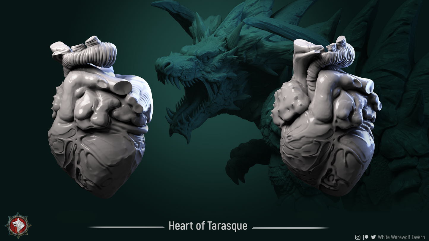 Heart of Tarrasque resin objective marker shown from two angles with the tarrasque monster behind