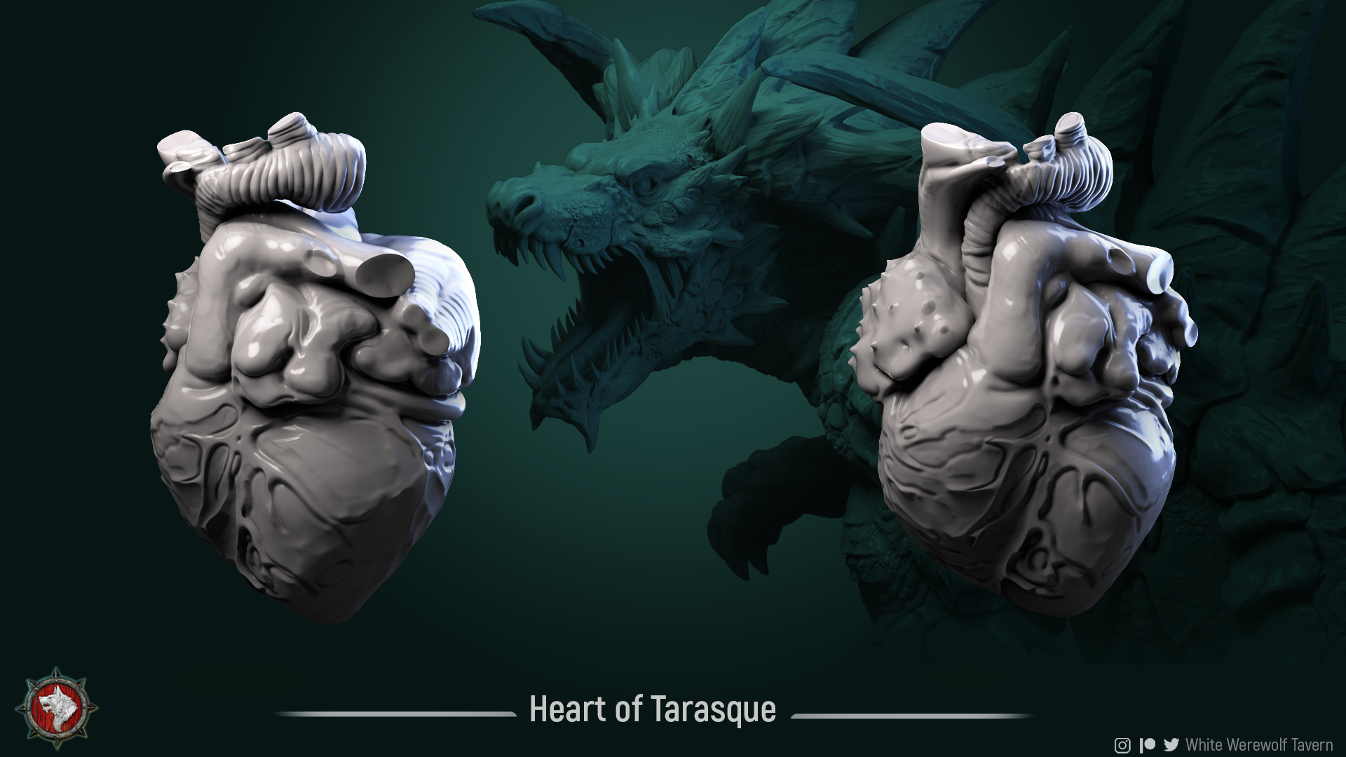 Heart of Tarrasque resin objective marker shown from two angles with the tarrasque monster behind