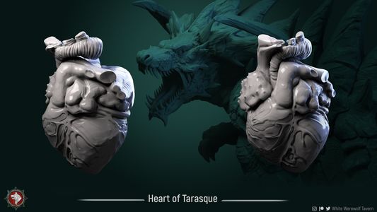 Heart of Tarrasque resin objective marker shown from two angles with the tarrasque monster behind
