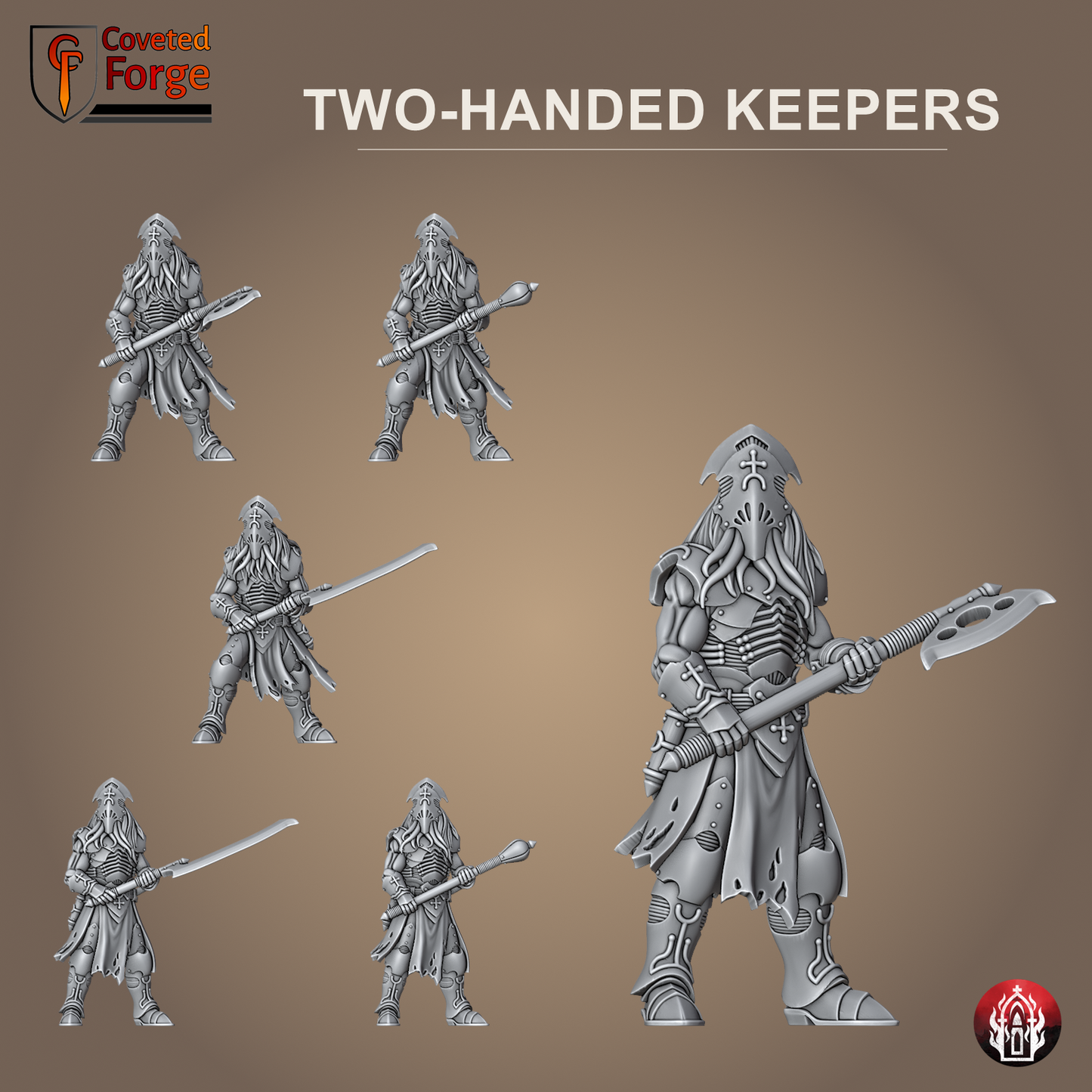 Coveted Forge feature render of the Kr'lieh Keepers (Two-Handed): one alien cult warrior wielding a two-handed axe shown large beside the five other monopose models, paired two-handed axe, mace and sword sculpts. Unpainted 32mm-scale 3D-printed resin proxies for grimdark sci-fi tabletop wargaming, sculpted by Bullet Basilica.