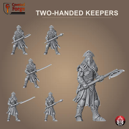 Coveted Forge feature render of the Kr'lieh Keepers (Two-Handed): one alien cult warrior wielding a two-handed axe shown large beside the five other monopose models, paired two-handed axe, mace and sword sculpts. Unpainted 32mm-scale 3D-printed resin proxies for grimdark sci-fi tabletop wargaming, sculpted by Bullet Basilica.
