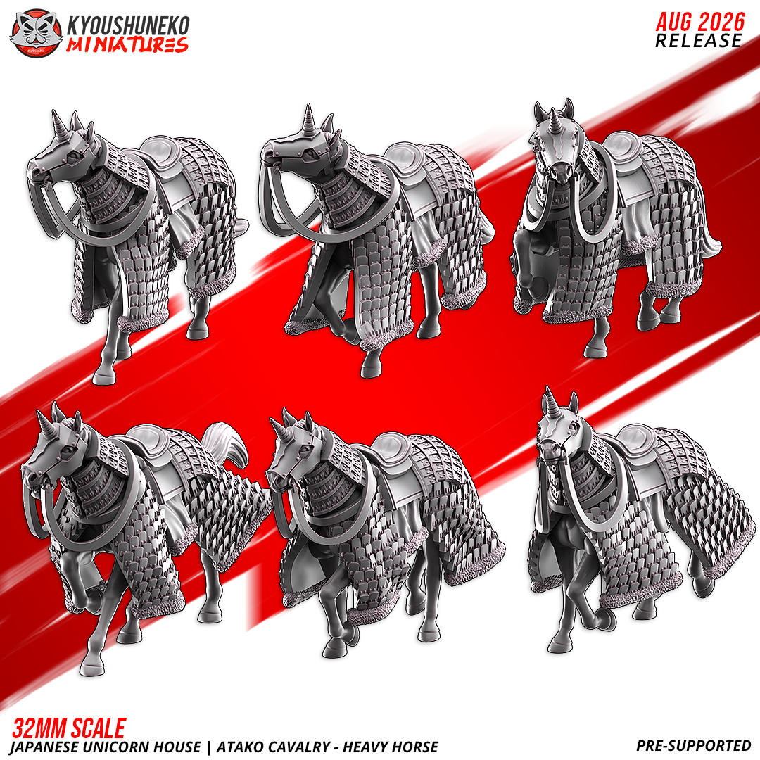 Atako Heavy Horse, the designer's sheet of six barded samurai warhorses with unicorn chamfrons, 3D printed resin miniatures by Kyoushuneko.