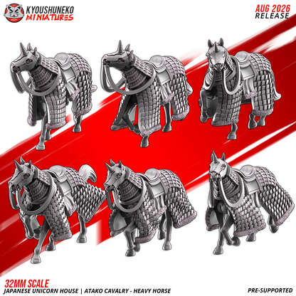 Atako Heavy Horse, the designer's sheet of six barded samurai warhorses with unicorn chamfrons, 3D printed resin miniatures by Kyoushuneko.
