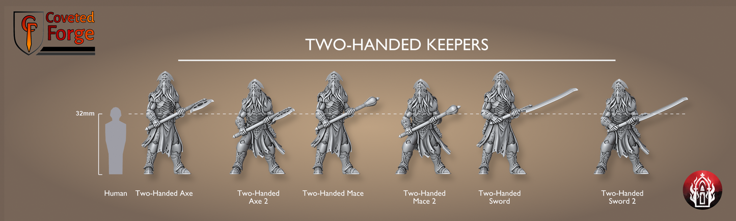 Coveted Forge scale lineup of the six Kr'lieh Keepers (Two-Handed) miniatures beside a 32mm-tall human silhouette, each two-handed axe, mace and sword model shown at true size and labelled. Unpainted 3D-printed resin proxies for 28-32mm grimdark sci-fi tabletop wargaming.