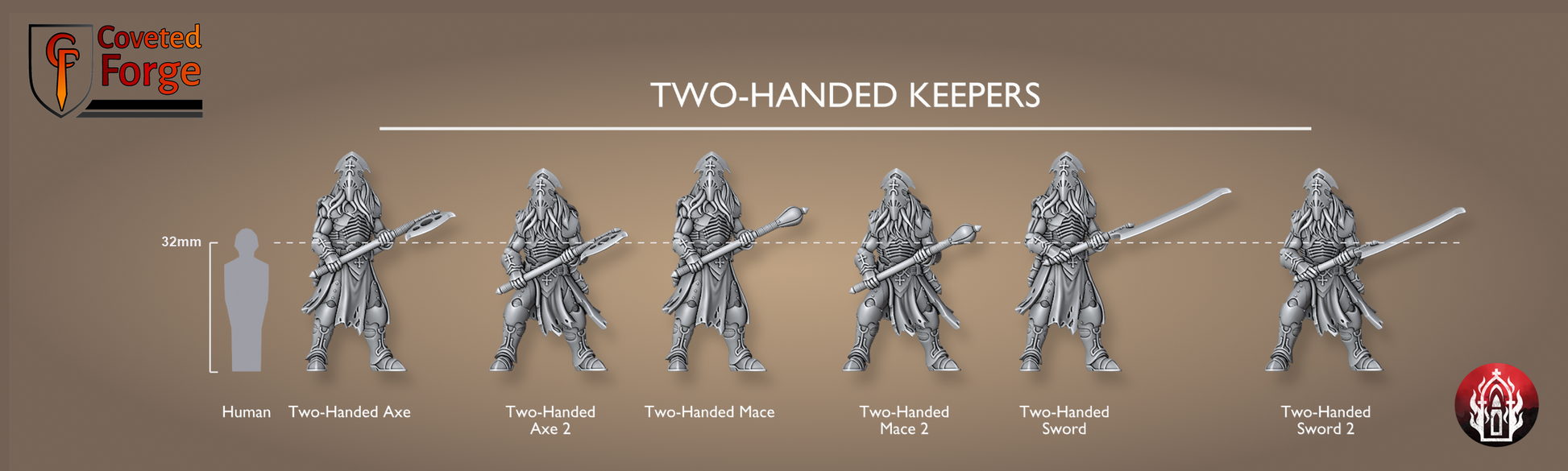 Coveted Forge scale lineup of the six Kr'lieh Keepers (Two-Handed) miniatures beside a 32mm-tall human silhouette, each two-handed axe, mace and sword model shown at true size and labelled. Unpainted 3D-printed resin proxies for 28-32mm grimdark sci-fi tabletop wargaming.