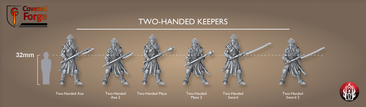 Coveted Forge scale lineup of the six Kr'lieh Keepers (Two-Handed) miniatures beside a 32mm human silhouette, each two-handed axe, mace and sword model at true size. Unpainted 3D-printed resin proxies for 28-32mm grimdark sci-fi tabletop wargaming.