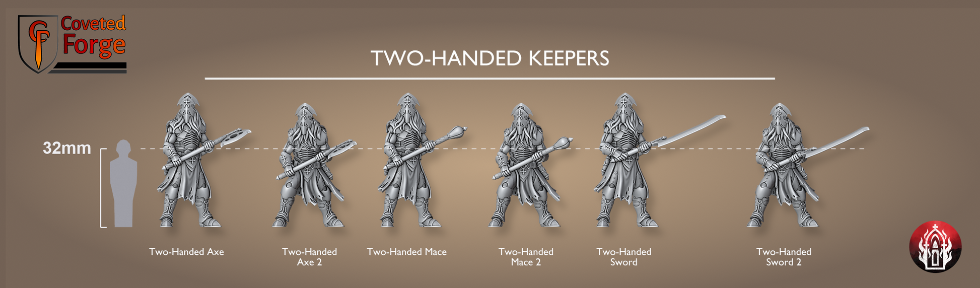 Coveted Forge scale lineup of the six Kr'lieh Keepers (Two-Handed) miniatures beside a 32mm human silhouette, each two-handed axe, mace and sword model at true size. Unpainted 3D-printed resin proxies for 28-32mm grimdark sci-fi tabletop wargaming.