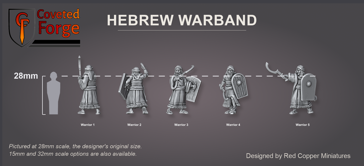 Render of Hebrew Warband: scale lineup of all five sculpts at 28mm beside a 28mm human silhouette, labeled Warrior 1 to Warrior 5.