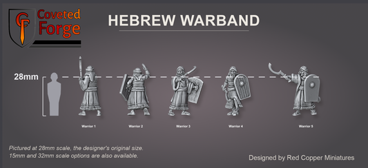 Render of Hebrew Warband: scale lineup of all five sculpts at 28mm beside a 28mm human silhouette, labeled Warrior 1 to Warrior 5.
