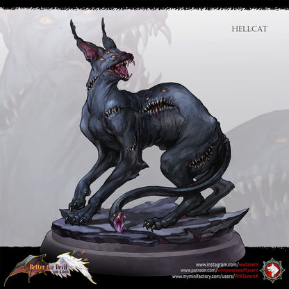 Render of Hellcats | 32mm Demon Cat Miniatures: Six skinless horned hellcats with serpent-head tails, from White Werewolf's Better the Devil You Know. 32mm 3D printed resin fiends, single or set.