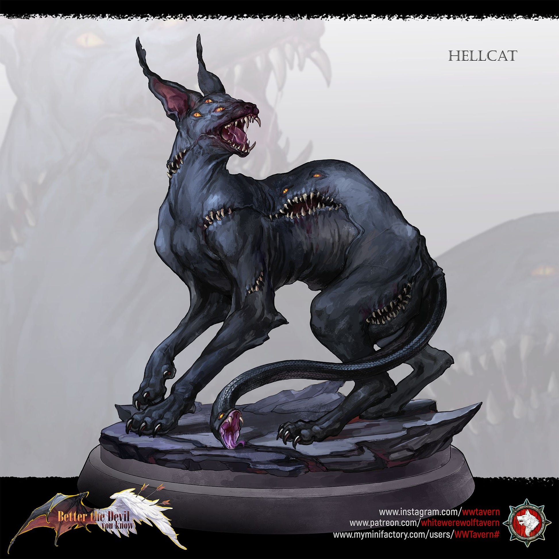 Render of Winged Hellcat | 32mm Demon Cat Miniature: Bat-winged skinless hellcat with serpent tails on a crag, from White Werewolf's Better the Devil You Know. 32mm 3D printed resin fiend miniature.