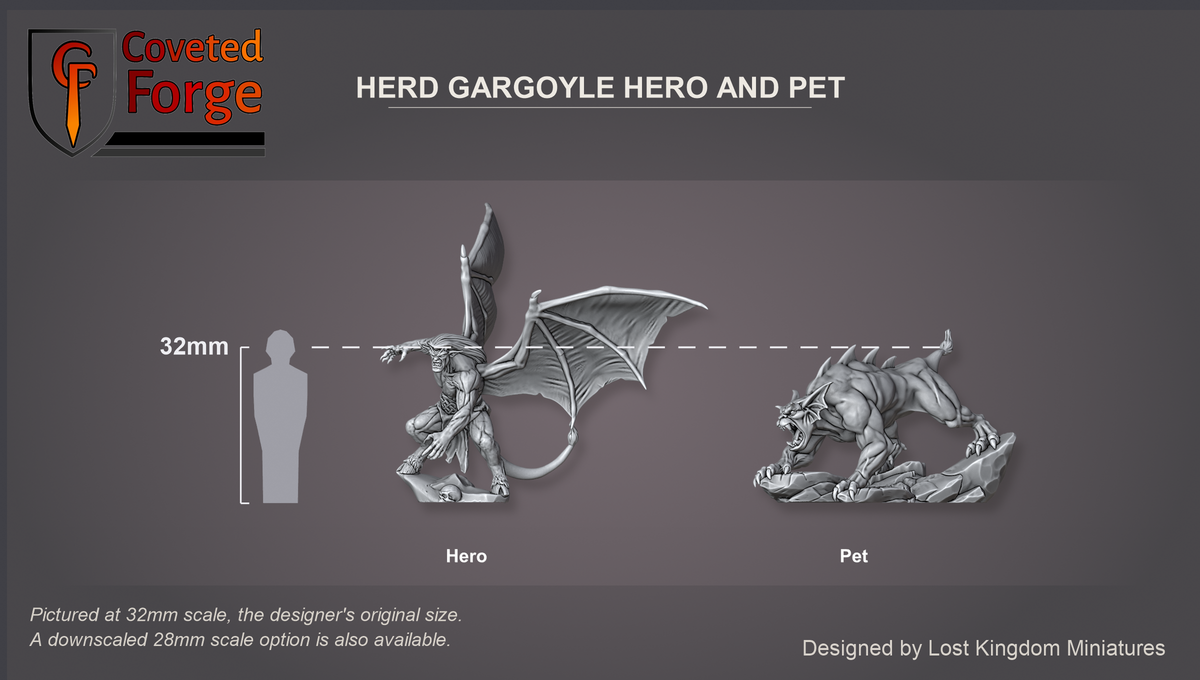 Coveted Forge scale reference: the Herd Gargoyle Hero and his Pet, each labelled in three-quarter view, beside a 32mm human silhouette. Pictured at 32mm, the designer's original size, with a 28mm downscale also available.