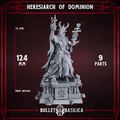 Heresiarch of Dominion, horned demon-priest on his skull-strewn podium, front view with the size card, Bullet Basilica render