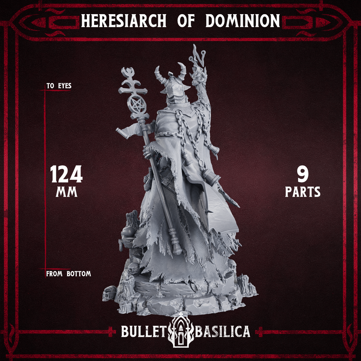 Heresiarch of Dominion rear view, chained robes and staff, Bullet Basilica render