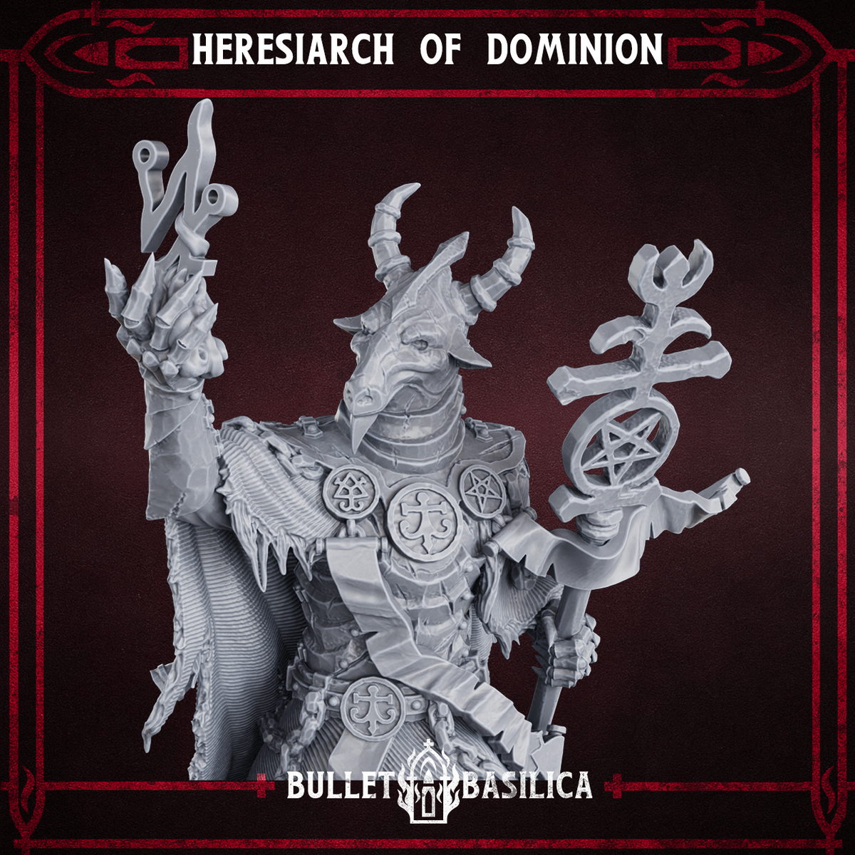 Heresiarch of Dominion close-up of the goat skull head, sigil hand and staff, Bullet Basilica render