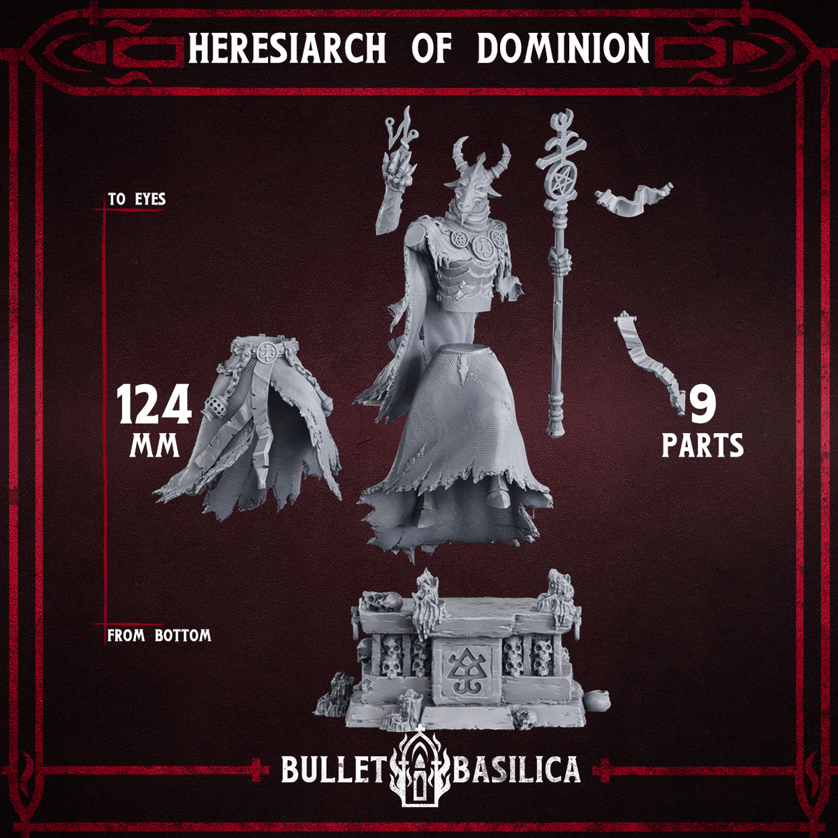 Heresiarch of Dominion exploded parts view: robe sections, torso, hand, staff, scrolls and the podium, Bullet Basilica render