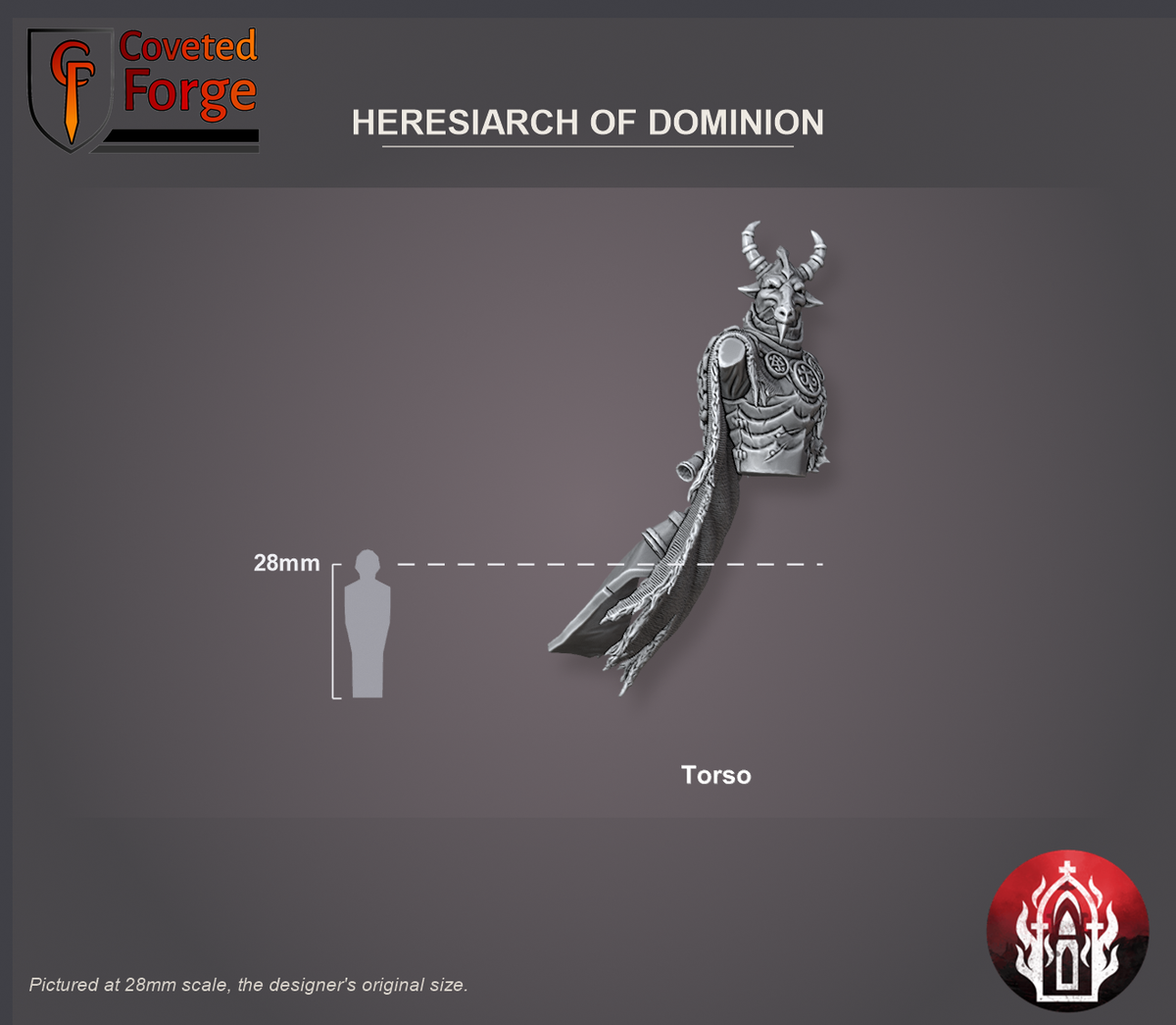 Coveted Forge scale reference: the Heresiarch of Dominion torso, the kit's main body print, beside a 28mm human silhouette