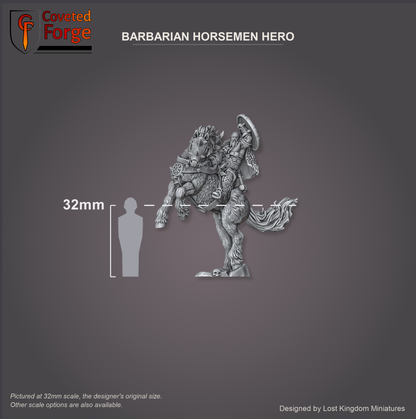 Scale reference render of the mounted barbarian hero beside a 32mm human silhouette