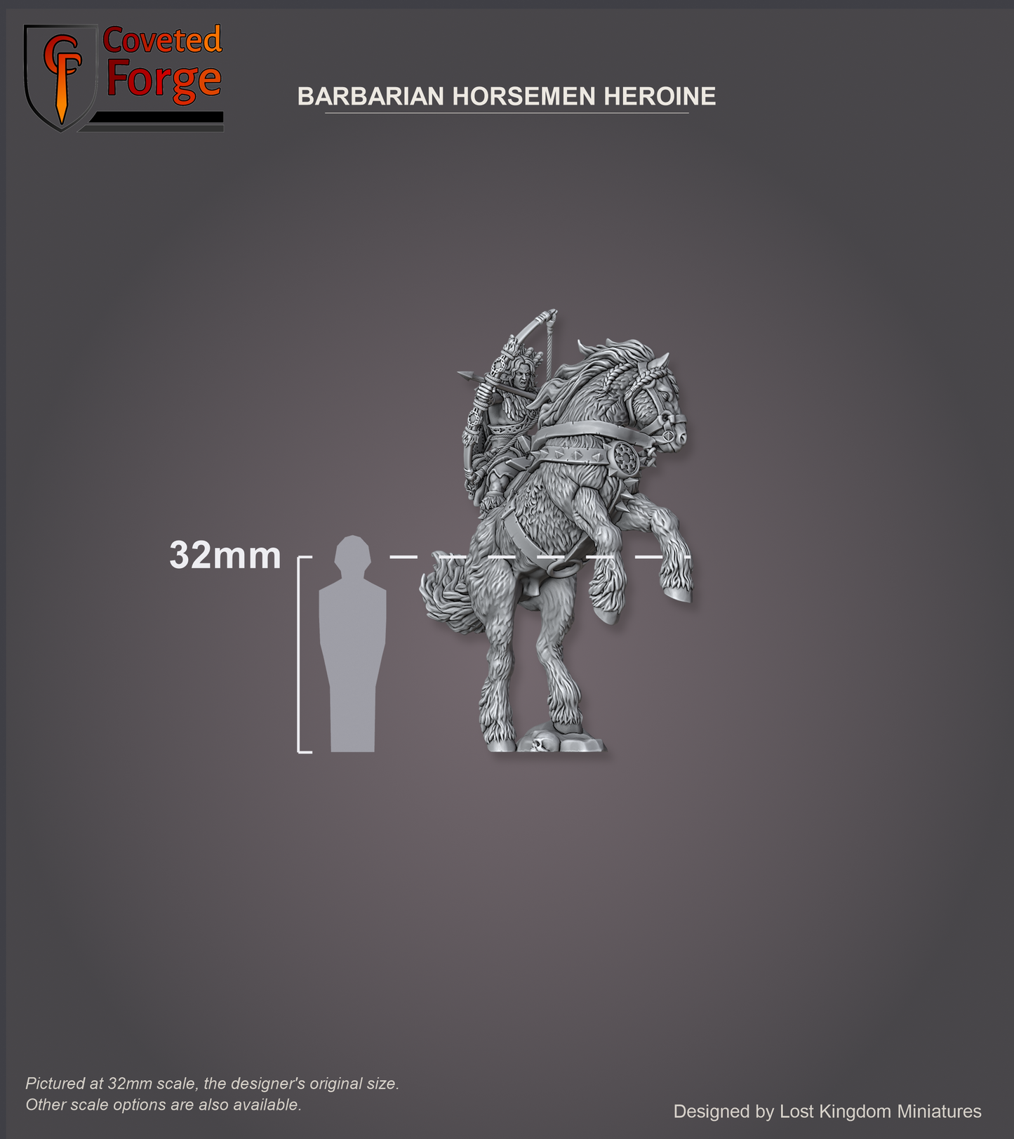 Scale reference render of the mounted barbarian heroine archer beside a 32mm human silhouette
