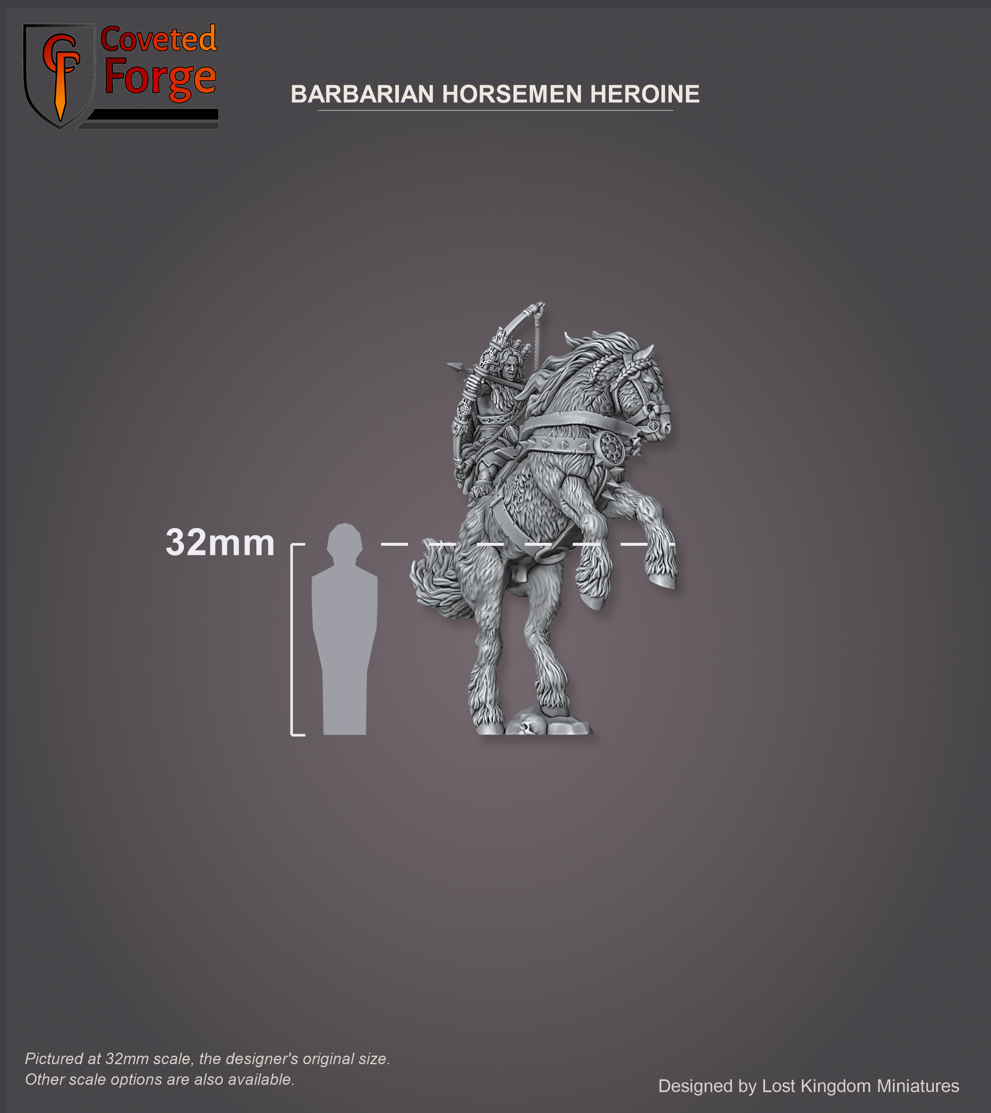Scale reference render of the mounted barbarian heroine archer beside a 32mm human silhouette