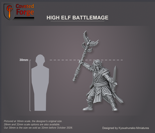 Coveted Forge scale render at 30mm, the designer's original size, with a 28mm downscale and a 32mm upscale also available (our 30mm is the size we sold as 32mm before October 2026): the High Elf Battlemage, front view, beside a 30mm human silhouette.