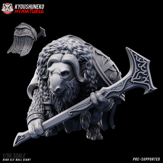 High Elf Bull Giant, designer render by Kyoushuneko Miniatures: a musk-ox giant in shaggy fur with curled horns and a knotwork back plate, holding an ornate polearm, front three-quarter view, with a small inset of the back plate; unpainted 3D printed resin miniature in 28mm, 30mm or 32mm scale.