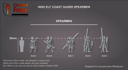 Coveted Forge scale render at 30mm, the designer's original size, with a 28mm downscale and a 32mm upscale also available (our 30mm is the size we sold as 32mm before October 2026): High Elf Coast Guard Spearmen Model A, Model B, Model C, Model D and Model E, labelled, three-quarter view, beside a 30mm human silhouette; the Complete Set includes every model.