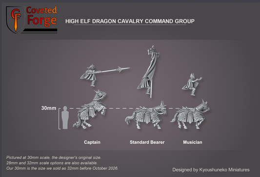 Coveted Forge scale render at 30mm, the designer's original size, with a 28mm downscale and a 32mm upscale also available (our 30mm is the size we sold as 32mm before October 2026): Full Command shown with every model, Captain, Standard Bearer and Musician, labelled. Each rider is floated above its barded horse to show the two separate pieces, side view, beside a 30mm human silhouette.