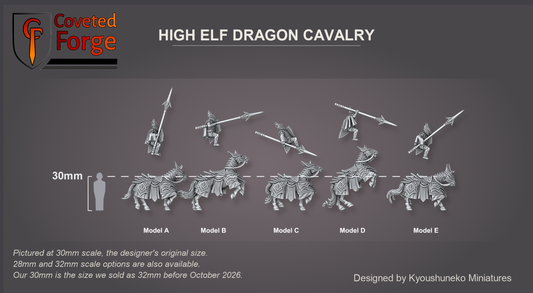Coveted Forge scale render at 30mm, the designer's original size, with a 28mm downscale and a 32mm upscale also available (our 30mm is the size we sold as 32mm before October 2026): Full Set shown with every model, Model A, Model B, Model C, Model D and Model E, labelled; the Complete Set includes every model. Each rider is floated above its barded horse to show the two separate pieces, side view, beside a 30mm human silhouette.