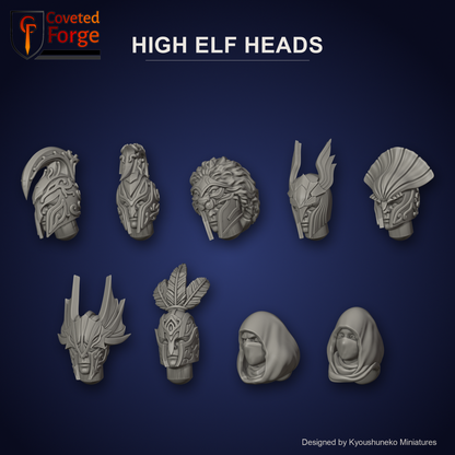 High Elf Heads by Kyoushuneko Miniatures: nine of the thirteen head styles in warm clay on a dark blue backdrop, the unit heads Silver Cavalry, Spearmen and Archers, Lion Warriors, Phoenix Warriors, Coast Guard, Dragon Cavalry, Reaver Cavalry, Shadow Brothers and Shadow Sisters, unpainted 3D-printed resin elf heads with neck pegs for 28mm, 30mm and 32mm conversions.