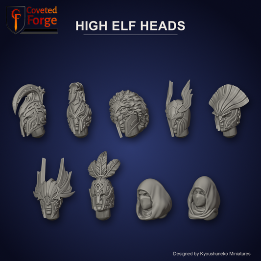 High Elf Heads by Kyoushuneko Miniatures: nine of the thirteen head styles in warm clay on a dark blue backdrop, the unit heads Silver Cavalry, Spearmen and Archers, Lion Warriors, Phoenix Warriors, Coast Guard, Dragon Cavalry, Reaver Cavalry, Shadow Brothers and Shadow Sisters, unpainted 3D-printed resin elf heads with neck pegs for 28mm, 30mm and 32mm conversions.
