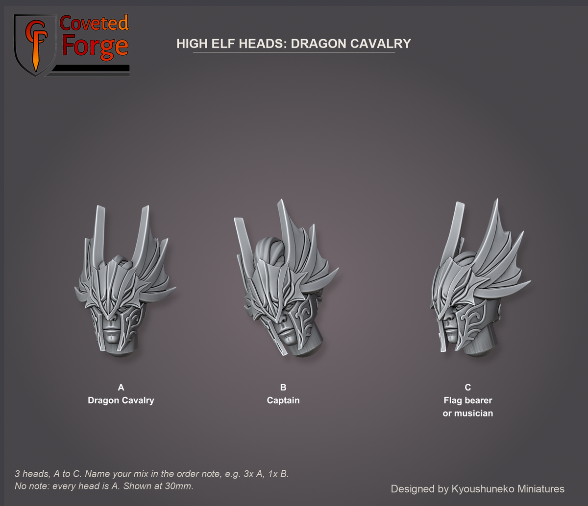 Coveted Forge bits sheet: Heads (3 of 5), High Elf Heads Dragon Cavalry style guide, 3 heads lettered A to C to name in the order note: A Dragon Cavalry; B Captain; C Flag bearer or musician, shown at 30mm, resin heads with neck pegs by Kyoushuneko Miniatures.