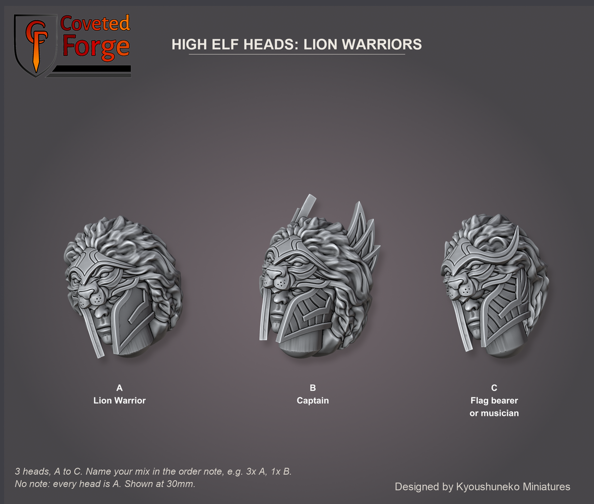 Coveted Forge bits sheet: Heads (2 of 5), High Elf Heads Lion Warriors style guide, 3 heads lettered A to C to name in the order note: A Lion Warrior; B Captain; C Flag bearer or musician, shown at 30mm, resin heads with neck pegs by Kyoushuneko Miniatures.