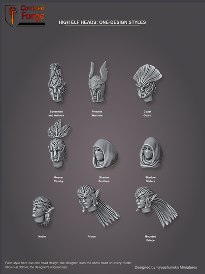 Coveted Forge bits sheet: Heads (5 of 5), High Elf Heads one-design styles, the nine styles with a single head design, each labelled with its style name: Spearmen and Archers, Phoenix Warriors, Coast Guard, Reaver Cavalry, Shadow Brothers, Shadow Sisters, Noble, Prince and Mounted Prince; every head in a pack of these styles is this design, shown at 30mm, resin heads with neck pegs by Kyoushuneko Miniatures.