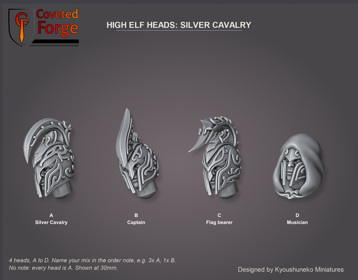 Coveted Forge bits sheet: Heads (1 of 5), High Elf Heads Silver Cavalry style guide, 4 heads lettered A to D to name in the order note: A Silver Cavalry; B Captain; C Flag bearer; D Musician, shown at 30mm, resin heads with neck pegs by Kyoushuneko Miniatures.