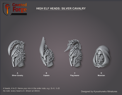 Coveted Forge bits sheet: Heads (1 of 5), High Elf Heads Silver Cavalry style guide, 4 heads lettered A to D to name in the order note: A Silver Cavalry; B Captain; C Flag bearer; D Musician, shown at 30mm, resin heads with neck pegs by Kyoushuneko Miniatures.