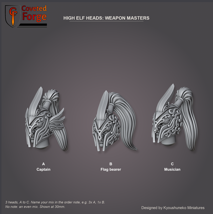 Coveted Forge bits sheet: Heads (4 of 5), High Elf Heads Weapon Masters style guide, 3 heads lettered A to C to name in the order note: A Captain; B Flag bearer; C Musician, shown at 30mm, resin heads with neck pegs by Kyoushuneko Miniatures.