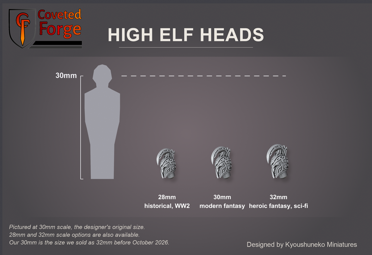 Coveted Forge scale reference: one High Elf Silver Cavalry head at 28mm, 30mm and 32mm scale beside a 30mm human silhouette, front three-quarter view, each scale labelled with the ranges it suits (28mm historical and WW2, 30mm modern fantasy, 32mm heroic fantasy and sci-fi); 30mm is the designer's original size, with a 28mm downscale and a 32mm upscale also available; every head style is the same scale.