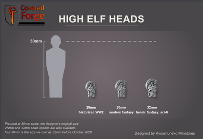 Coveted Forge scale reference: one High Elf Silver Cavalry head at 28mm, 30mm and 32mm scale beside a 30mm human silhouette, front three-quarter view, each scale labelled with the ranges it suits (28mm historical and WW2, 30mm modern fantasy, 32mm heroic fantasy and sci-fi); 30mm is the designer's original size, with a 28mm downscale and a 32mm upscale also available; every head style is the same scale.