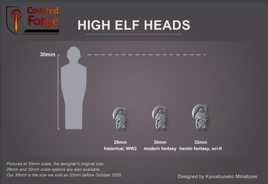 Coveted Forge scale reference: one High Elf Silver Cavalry head at 28mm, 30mm and 32mm scale beside a 30mm human silhouette, front three-quarter view, each scale labelled with the ranges it suits (28mm historical and WW2, 30mm modern fantasy, 32mm heroic fantasy and sci-fi); 30mm is the designer's original size, with a 28mm downscale and a 32mm upscale also available; every head style is the same scale.