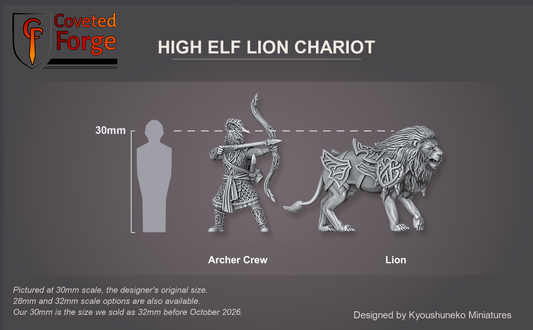 Coveted Forge scale render at 30mm, the designer's original size, with a 28mm downscale and a 32mm upscale also available (our 30mm is the size we sold as 32mm before October 2026): the Archer Crew figure and one Lion, labelled, front three-quarter view, beside a 30mm human silhouette; the carriage, wheels and second lion are separate prints.