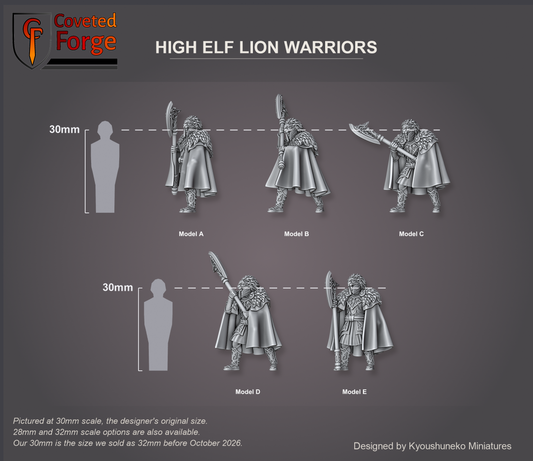 Coveted Forge scale render at 30mm, the designer's original size, with a 28mm downscale and a 32mm upscale also available (our 30mm is the size we sold as 32mm before October 2026): High Elf Lion Warriors Model A, Model B, Model C, Model D and Model E, labelled, front three-quarter view, beside a 30mm human silhouette; the Complete Set includes every model.