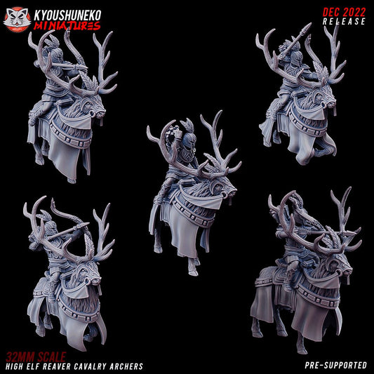 High Elf Reaver Cavalry Archers, all five sculpts (Model A to Model E), designer render by Kyoushuneko Miniatures: light elf riders with recurved bows and crested plumed helms on antlered, barded deer; unpainted 3D printed resin cavalry miniatures in 28mm, 30mm or 32mm scale.