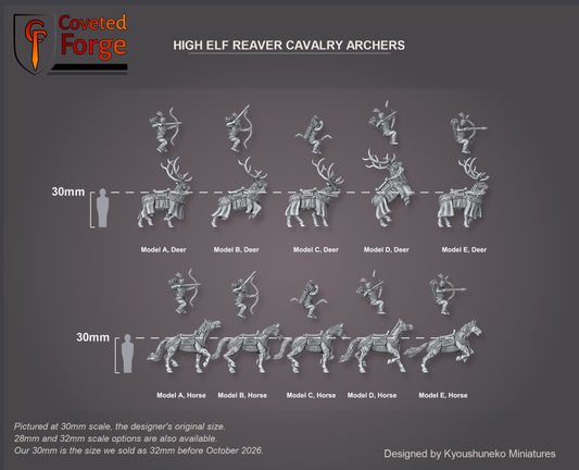 Coveted Forge scale render at 30mm, the designer's original size, with a 28mm downscale and a 32mm upscale also available (our 30mm is the size we sold as 32mm before October 2026): High Elf Reaver Cavalry Archers Model A, Model B, Model C, Model D and Model E, labelled, side profile; top row with the Deer mount, bottom row with the Horse mount, each rider floated 3 mm above its mount as a separate piece, beside a 30mm human silhouette; the Complete Set includes every model.
