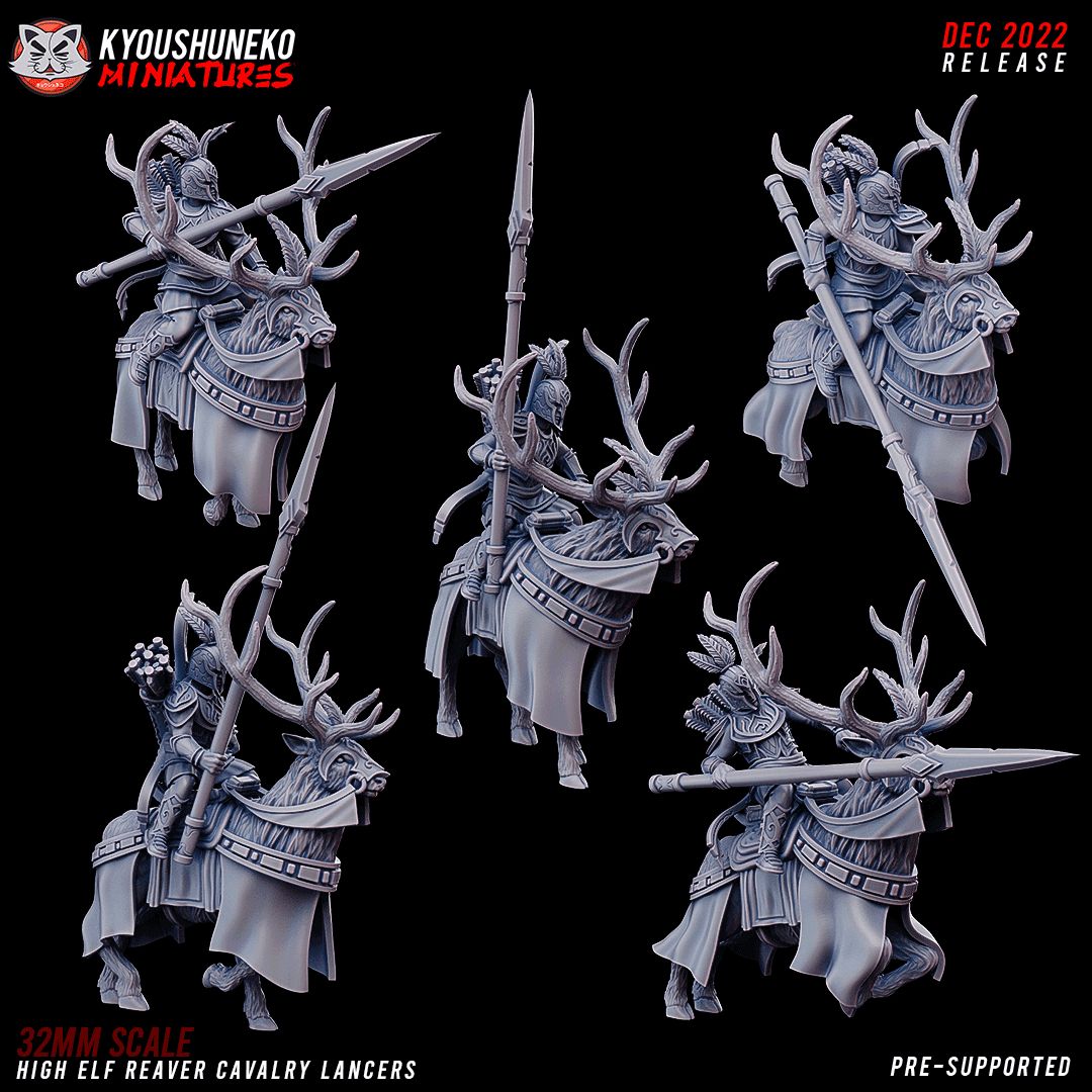 High Elf Reaver Cavalry Lancers, all five sculpts (Model A to Model E), designer render by Kyoushuneko Miniatures: light elf riders with long spears and crested plumed helms on antlered, barded deer; unpainted 3D printed resin cavalry miniatures in 28mm, 30mm or 32mm scale.