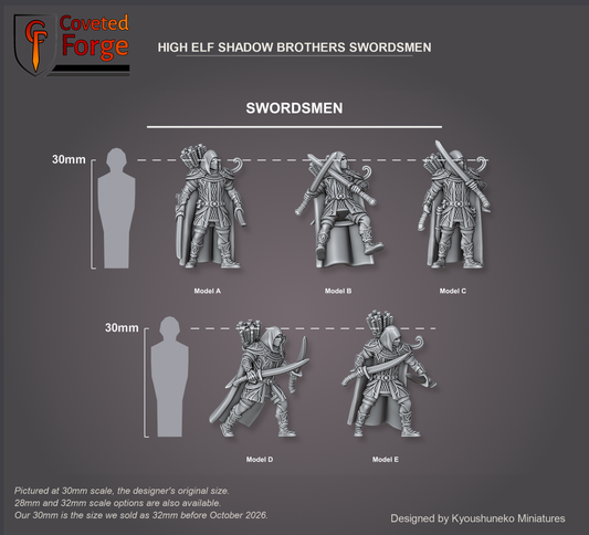 Coveted Forge scale render at 30mm, the designer's original size, with a 28mm downscale and a 32mm upscale also available (our 30mm is the size we sold as 32mm before October 2026): High Elf Shadow Brothers Swordsmen Model A, Model B, Model C, Model D and Model E, labelled, three-quarter view, beside a 30mm human silhouette; the Complete Set includes every model.