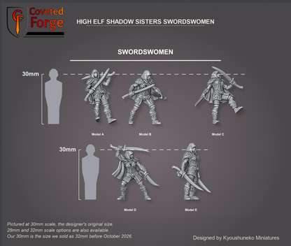 Coveted Forge scale render at 30mm, the designer's original size, with a 28mm downscale and a 32mm upscale also available (our 30mm is the size we sold as 32mm before October 2026): High Elf Shadow Sisters Swordswomen Model A, Model B, Model C, Model D and Model E, labelled, three-quarter view, beside a 30mm human silhouette; the Complete Set includes every model.