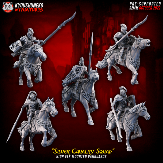 High Elf Silver Cavalry, the five sculpts Model A to Model E together: armoured elf knights with lances, spears and shields on barded horses; designer render by Kyoushuneko Miniatures.