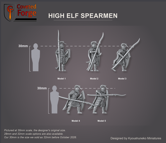 Coveted Forge scale render at 30mm, the designer's original size, with a 28mm downscale and a 32mm upscale also available (our 30mm is the size we sold as 32mm before October 2026): High Elf Spearmen Model 1, Model 2, Model 3, Model 4 and Model 5, labelled, side view, beside a 30mm human silhouette; the Complete Set includes every model.